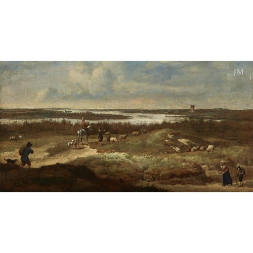 An extensive coastal Landscape, with a shepherd, horseman and other figures